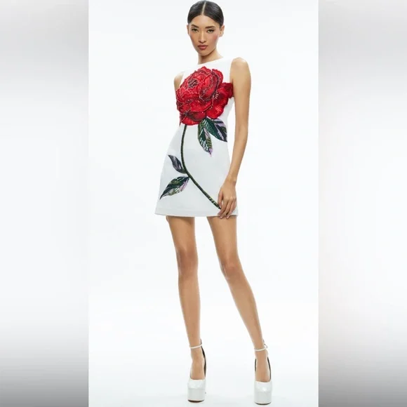 Alice + Olivia by Stacey Bendet White Mini Dress with Red Floral Design - Picture 1 of 13